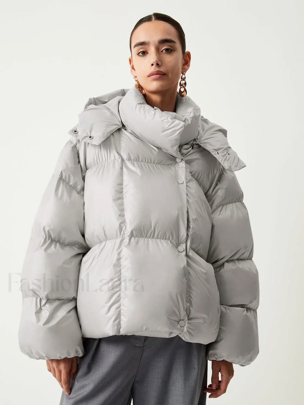 Open Collar Quilted Trendy Hooded Puffer Coat Down Coats
