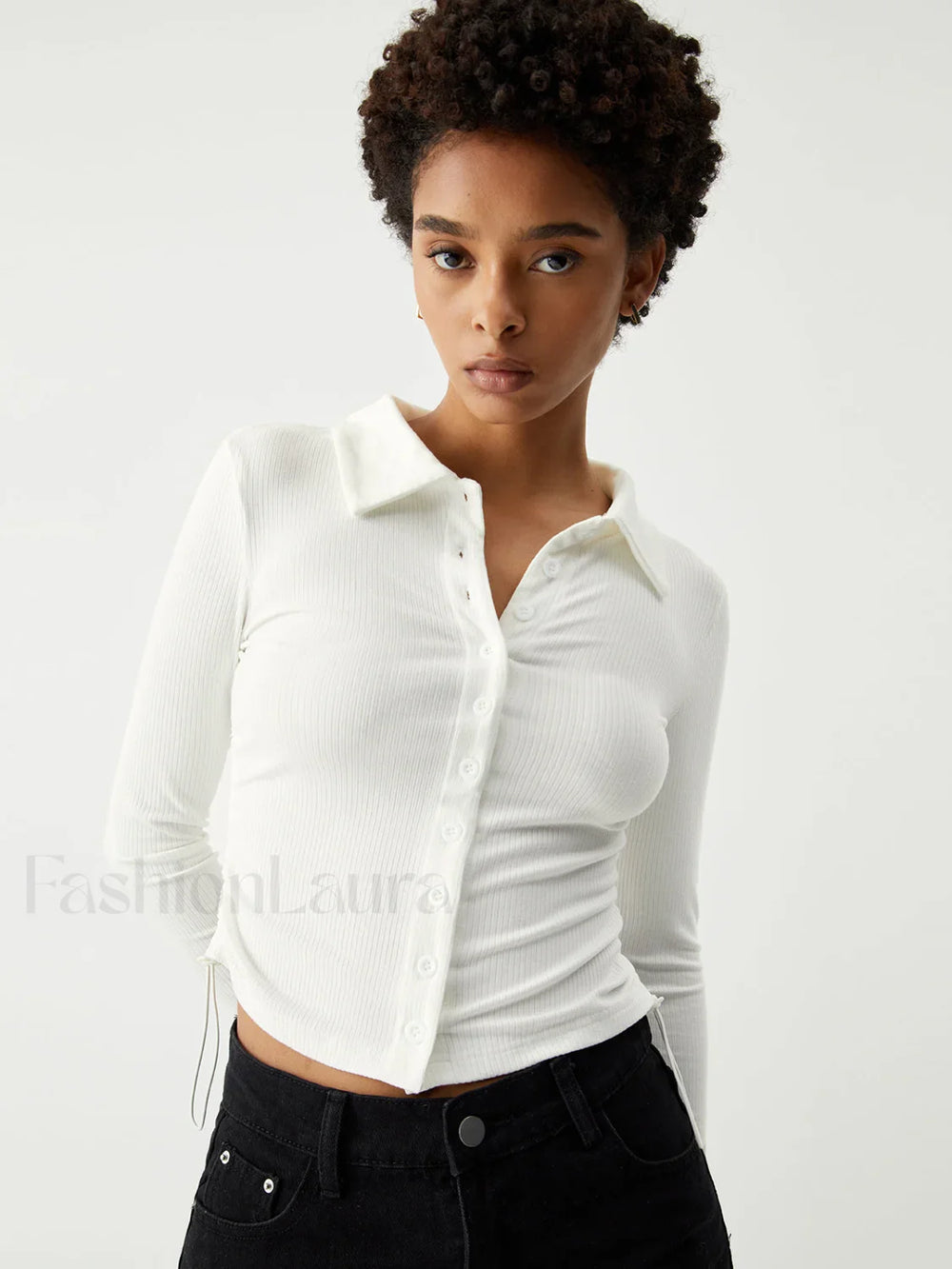 Open Collar Ruched Trendy Long Sleeve Shirt T Shirts