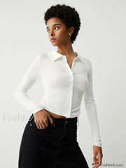 Open Collar Ruched Trendy Long Sleeve Shirt White / S T Shirts