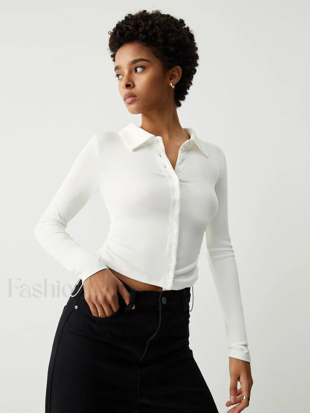 Open Collar Ruched Trendy Long Sleeve Shirt White / S T Shirts