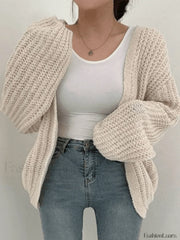 Open Front Long Sleeve Knit Cardigan Beige / ONE SIZE Sweaters