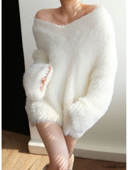 Oversized Fuzzy Graceful V neck Sweater Sweaters L