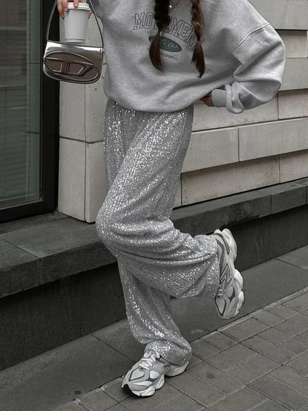 Oversized Sequin Graceful Straight Leg Pants Silver / XS Pants
