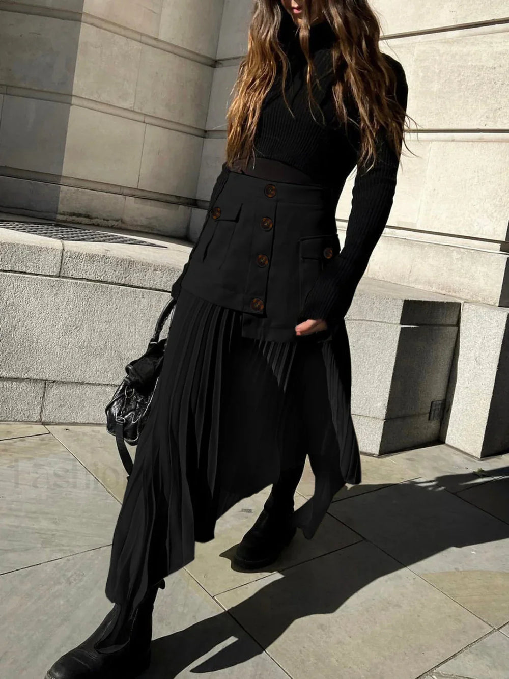 Patchwork Asymmetrical Pleated Trendy Buttoned Midi Skirt Black / XS Skirts