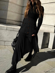 Patchwork Asymmetrical Pleated Trendy Buttoned Midi Skirt Black / XS Skirts