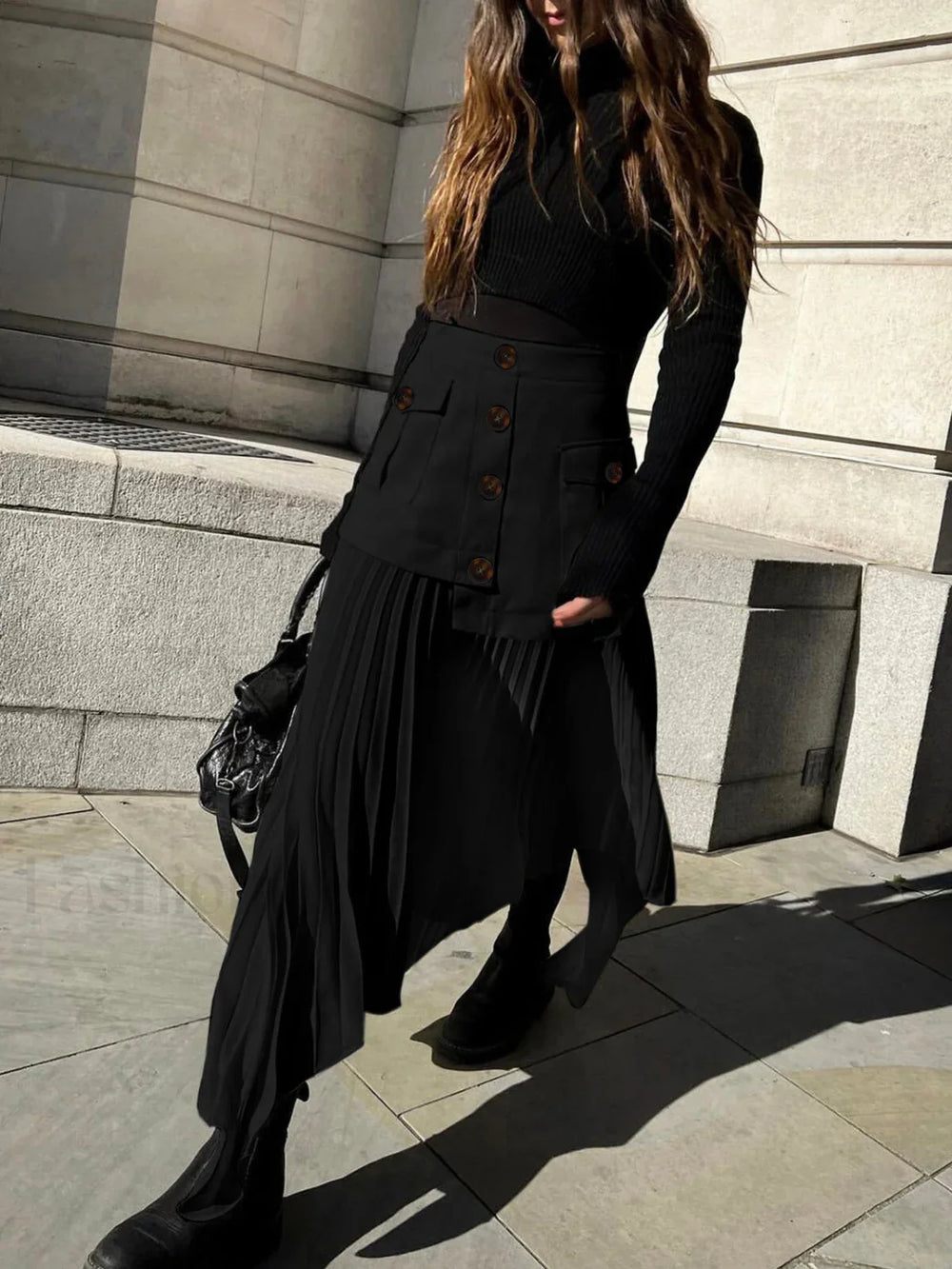 Patchwork Asymmetrical Pleated Trendy Buttoned Midi Skirt Black / XS Skirts