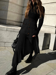 Patchwork Asymmetrical Pleated Trendy Buttoned Midi Skirt Black / XS Skirts
