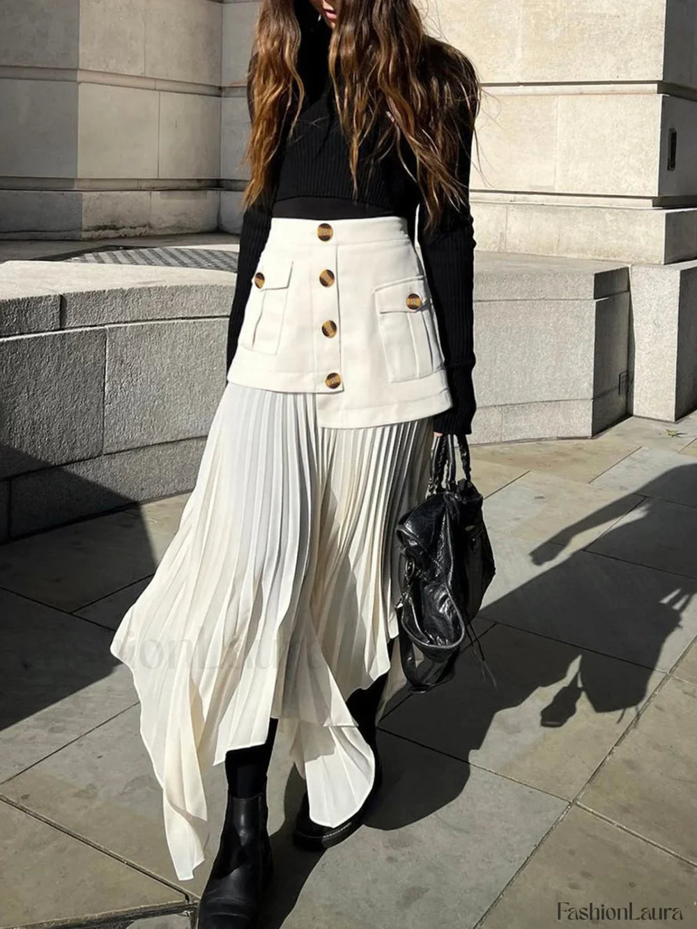 Patchwork Asymmetrical Pleated Trendy Buttoned Midi Skirt Skirts
