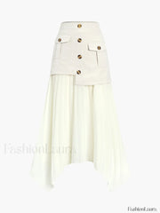 Patchwork Asymmetrical Pleated Trendy Buttoned Midi Skirt Skirts