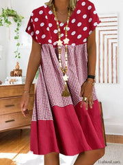 Patchwork Checkered Print Midi Dress Red / S Midi Dresses