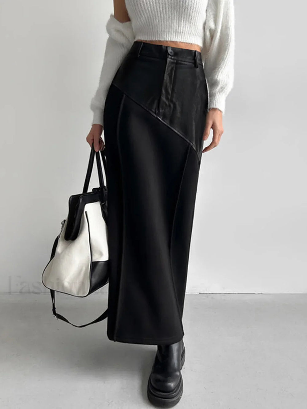 Patchwork Leather High Trendy Waist Maxi Skirt Skirts