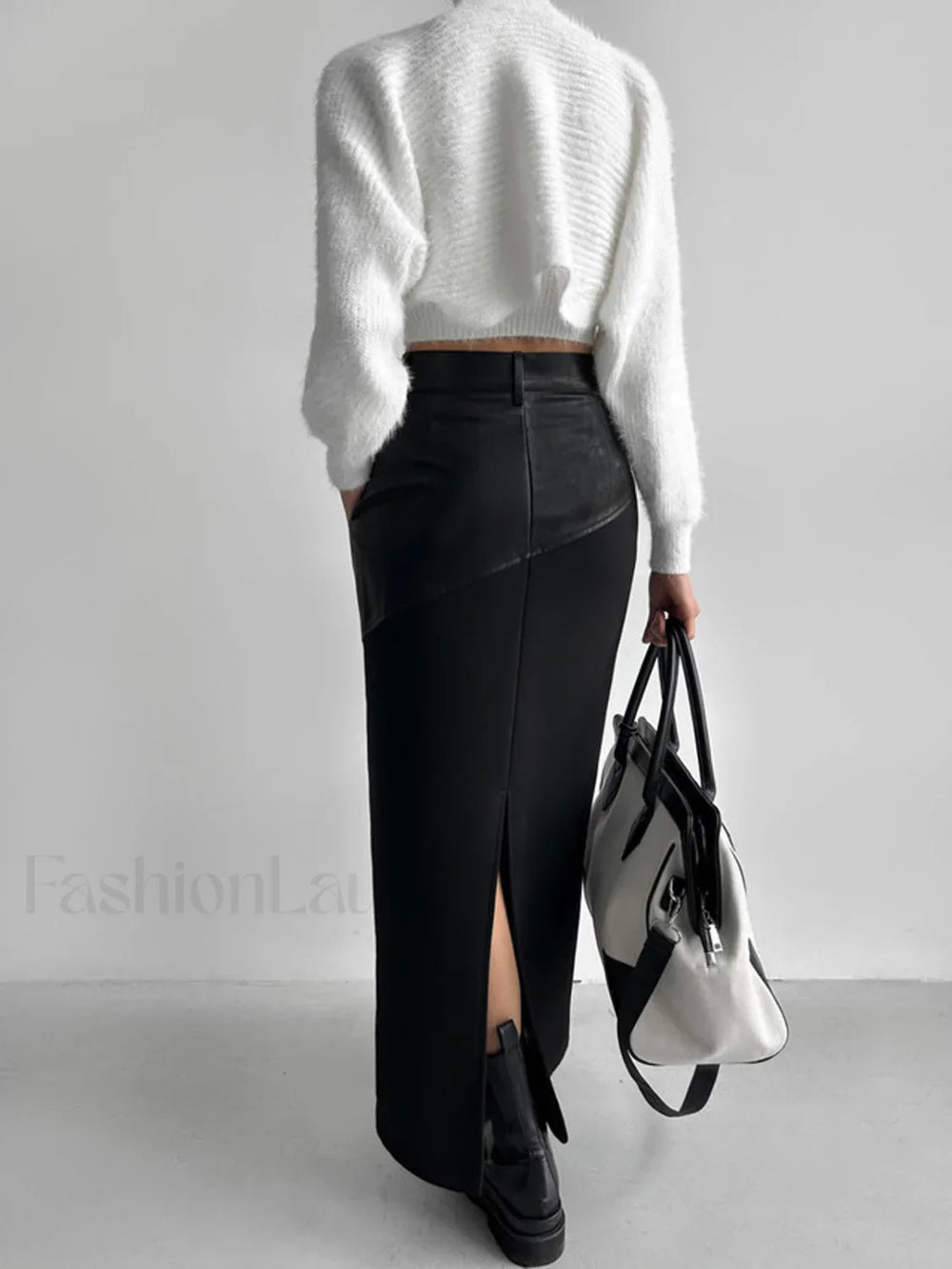 Patchwork Leather High Trendy Waist Maxi Skirt Skirts