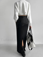 Patchwork Leather High Trendy Waist Maxi Skirt Skirts