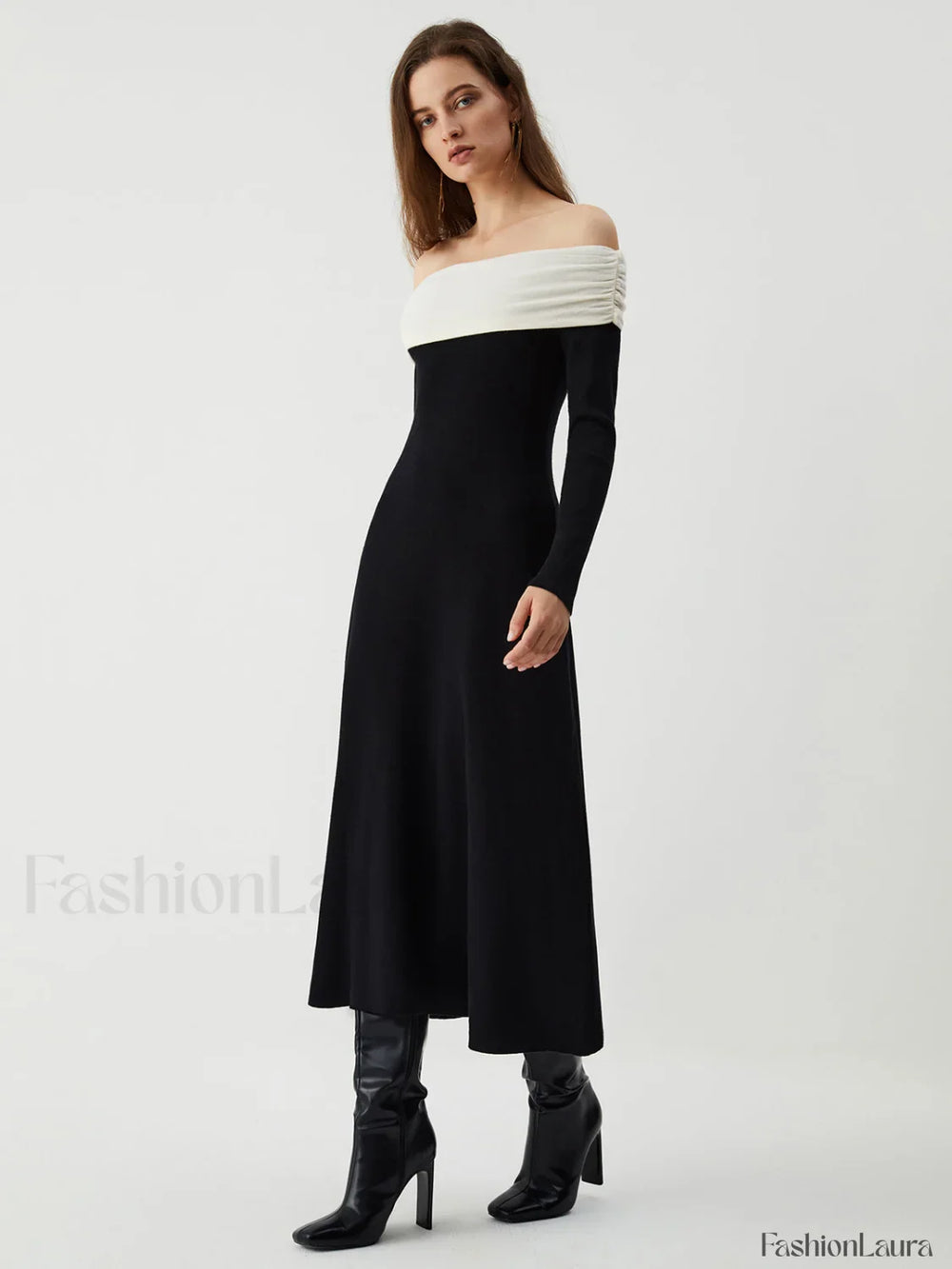 Patchwork Off Shoulder Long Modern Sleeve Long Sweater Dress Black / S Sweaters L