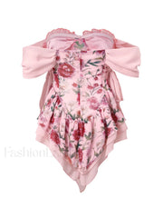 Patchwork Ruffle Bardot Floral Mini Dress Mini Dresses