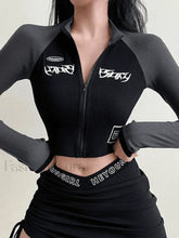 Patchwork Zip Up Long Sleeve Crop Top Black / S Tops&Tees