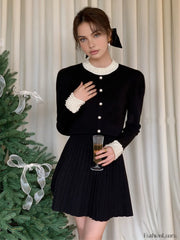 Pearl Beaded Contrast Trendy Trim Button Knit Top Sweaters L