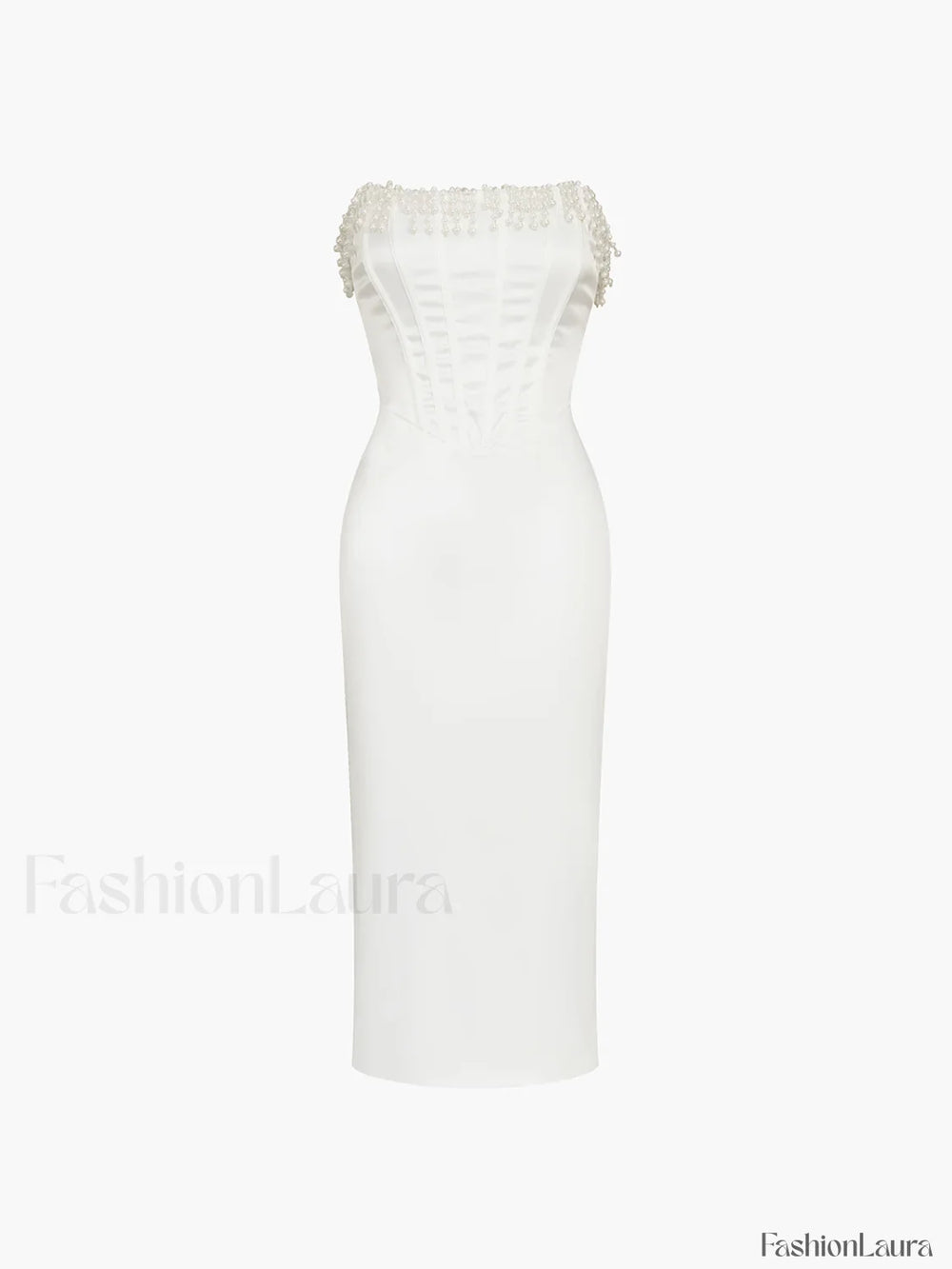 Pearl Decor Graceful Strapless Midi Dress Dresses