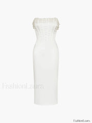 Pearl Decor Graceful Strapless Midi Dress Dresses