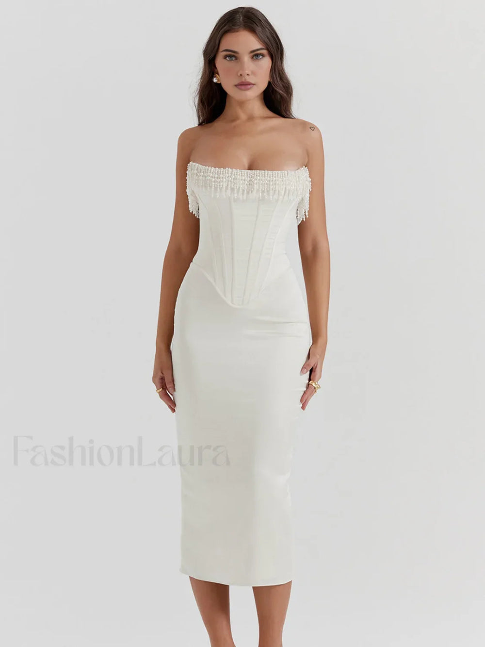 Pearl Decor Graceful Strapless Midi Dress Off White / XS Dresses