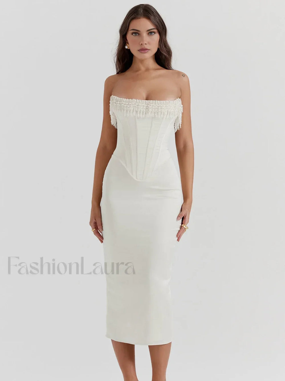 Pearl Decor Graceful Strapless Midi Dress Off White / XS Dresses