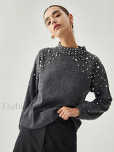Pearl Embellished Graceful Mock Neck Sweater Grey / S Sweaters L