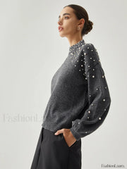 Pearl Embellished Graceful Mock Neck Sweater Sweaters L