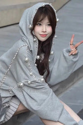 Pearl Embellished Hooded Zipper Hoodie Grey / S