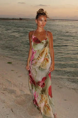 Perspective Printed Open End Sexy Holiday Floral Dress Colorful / XS