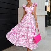 Pink Ruffle Backless Floral Dress pink / S