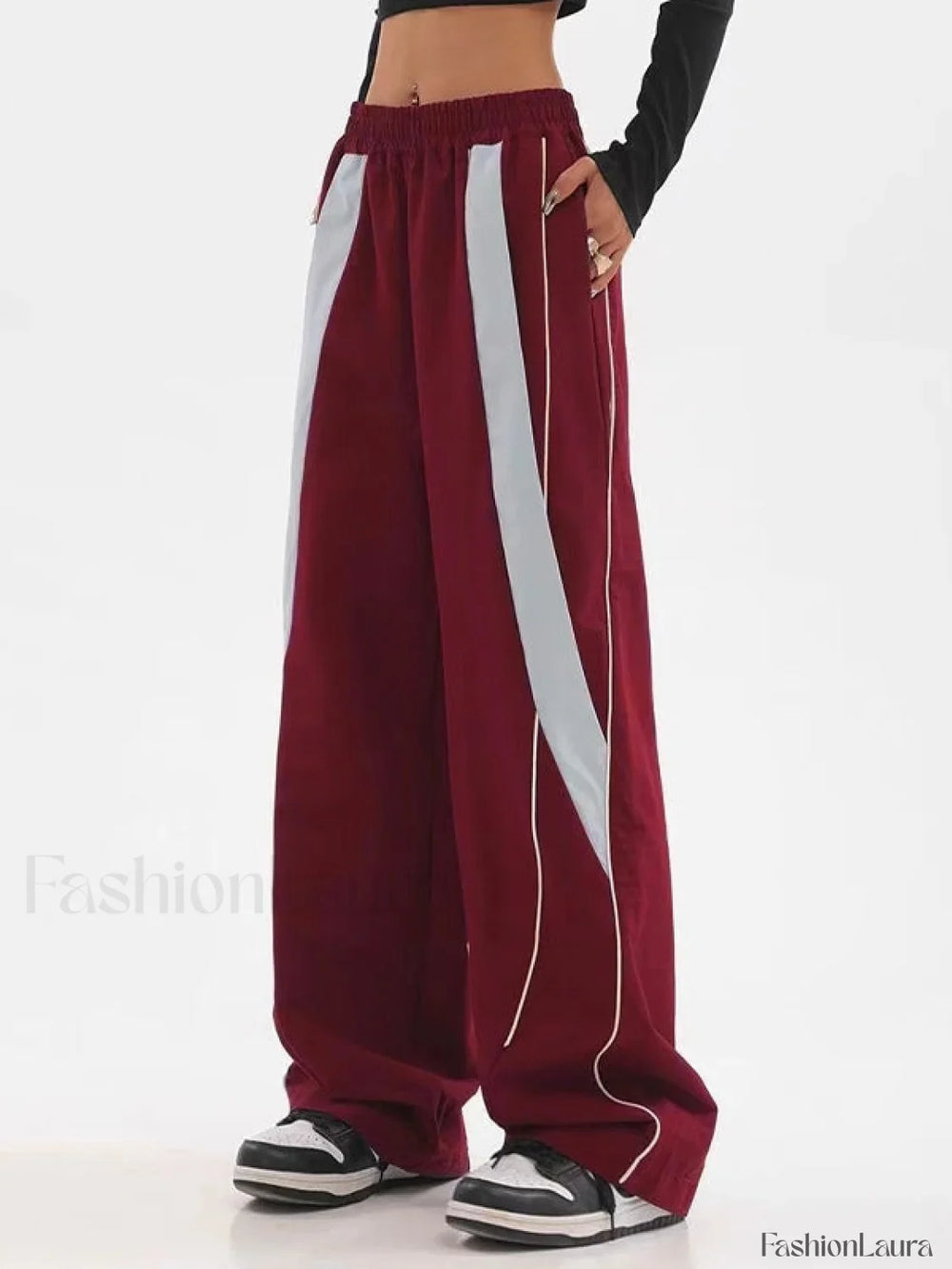 Piping Patchwork Baggy Sweatpants Burgundy / M Wide Leg Pants