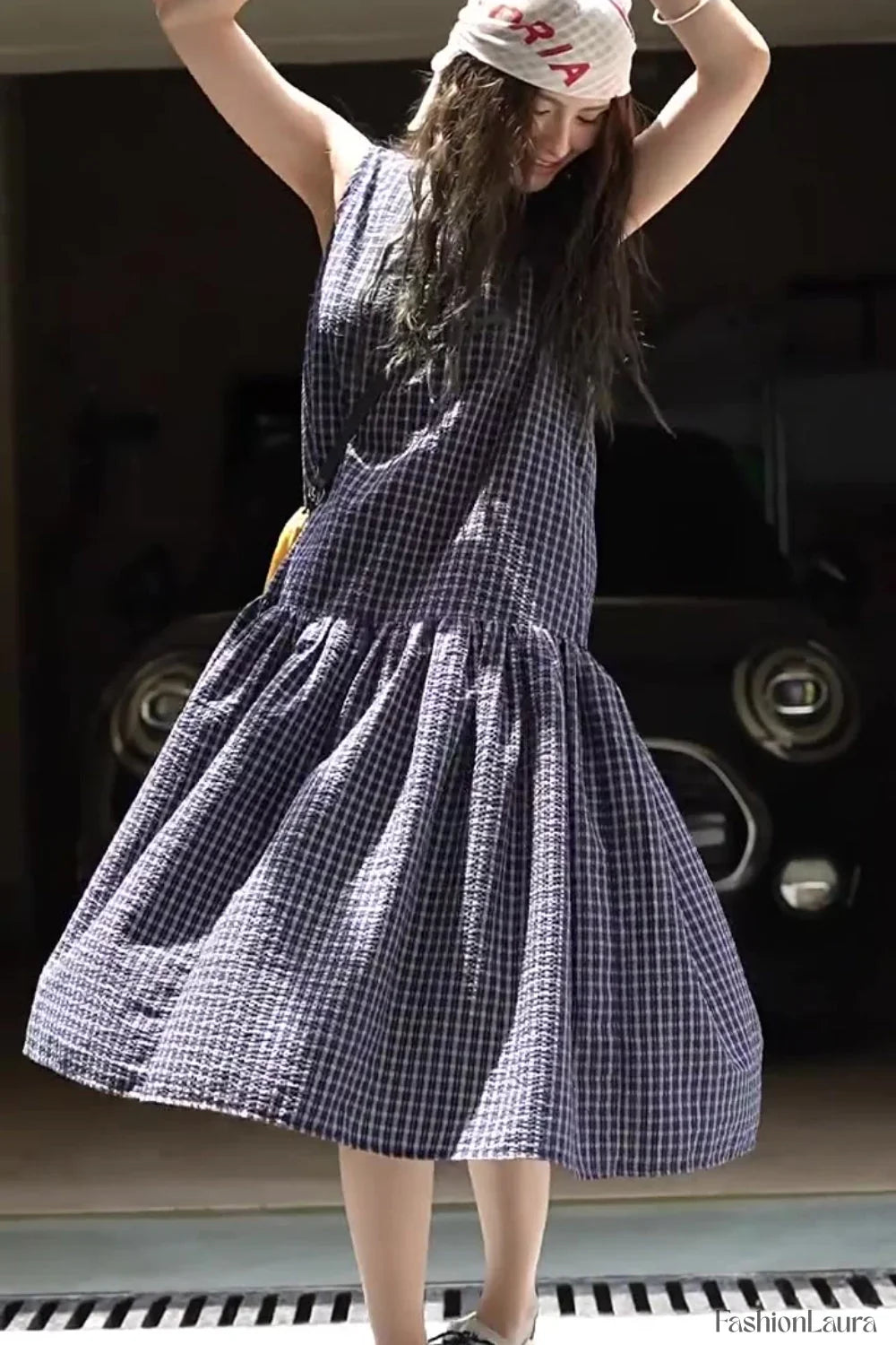 Plaid Sleeveless Loose Waist A Line Maxi Dress