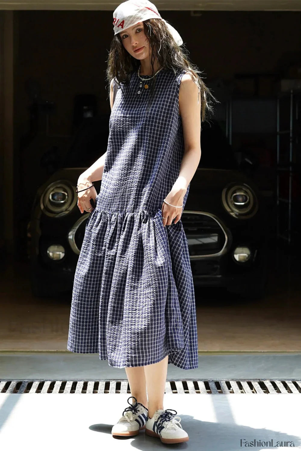 Plaid Sleeveless Loose Waist A Line Maxi Dress Navy blue / S