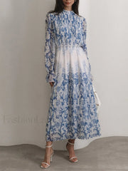 Plant Pattern Printed Trendy Pleated Long Dress Dresses