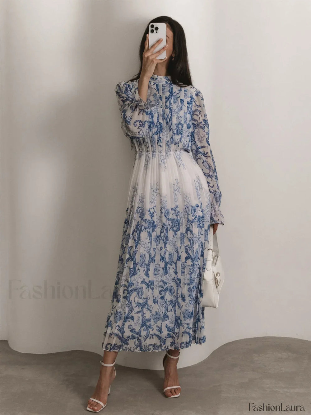 Plant Pattern Printed Trendy Pleated Long Dress Dresses