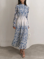 Plant Pattern Printed Trendy Pleated Long Dress LightBlue / XS Dresses