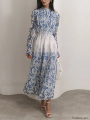 Plant Pattern Printed Trendy Pleated Long Dress LightBlue / XS Dresses