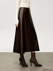 Pleated Faux Graceful Leather Midi Skirt Brown / XS Skirts