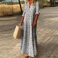 Pleated Floral Maxi Boho Dress 04 Gray / S
