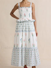 Pleated Floral Ruffle Strap Maxi Dress white / S