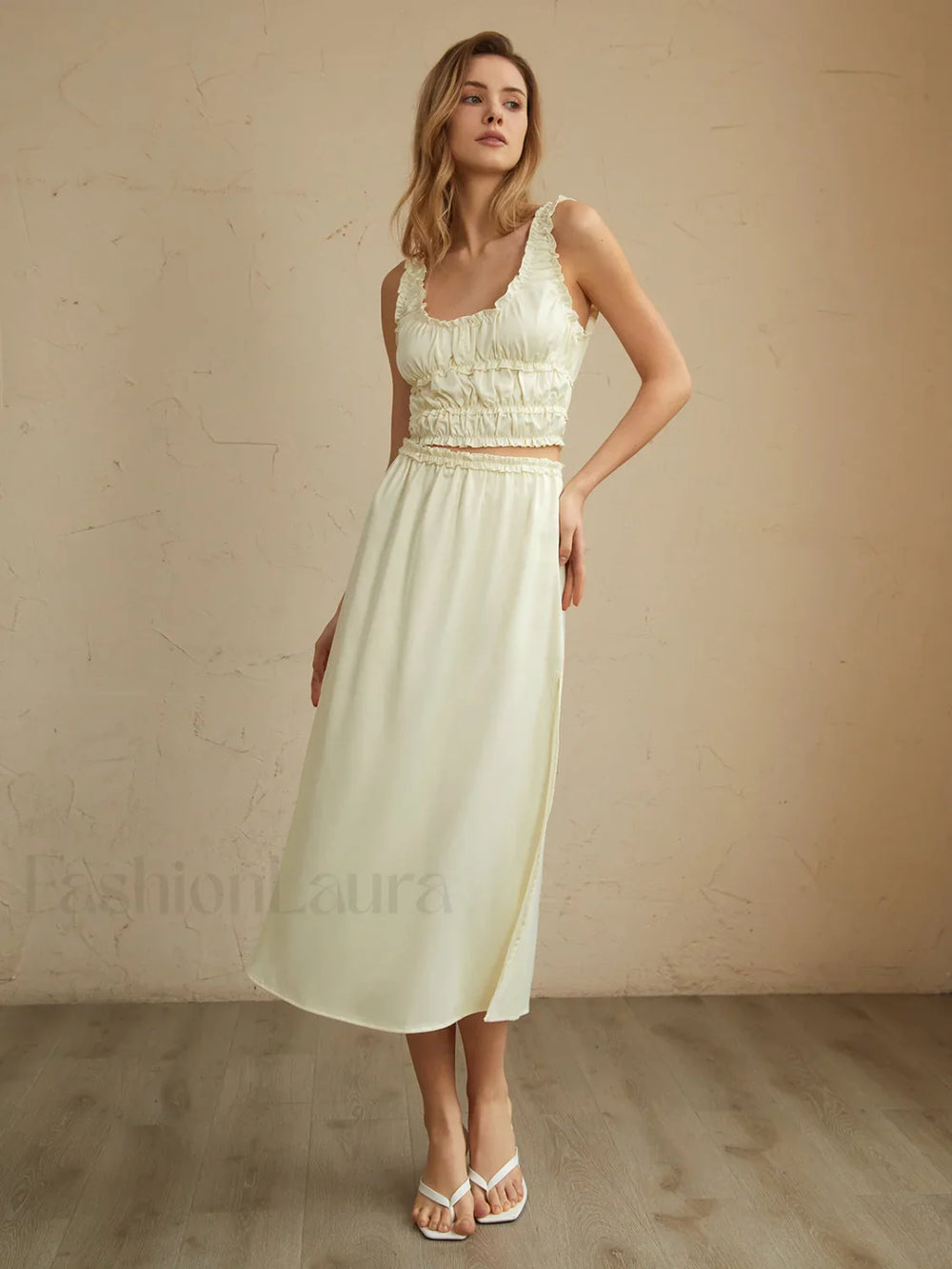 Pleated Lettuce Trim Trendy Split Midi Skirt Skirts