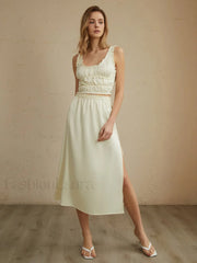 Pleated Lettuce Trim Trendy Split Midi Skirt Yellow / XS Skirts