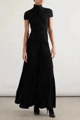 Pleated Slim Fit Crew Neck Work Dress Black spot / S