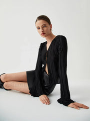 Pleated V neck Ruffle Trendy Long Sleeve Blouse Black / S Blouses