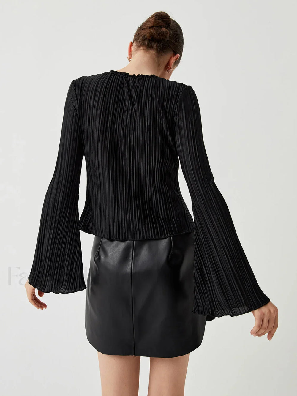 Pleated V neck Ruffle Trendy Long Sleeve Blouse Blouses