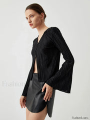Pleated V neck Ruffle Trendy Long Sleeve Blouse Blouses