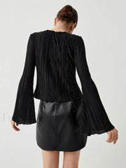 Pleated V neck Ruffle Trendy Long Sleeve Blouse Blouses