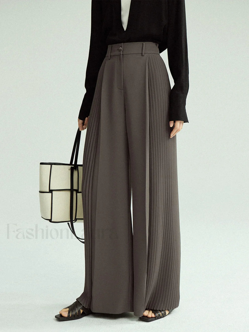 Pleated Wide Leg Trendy Pants Without Belt Pants