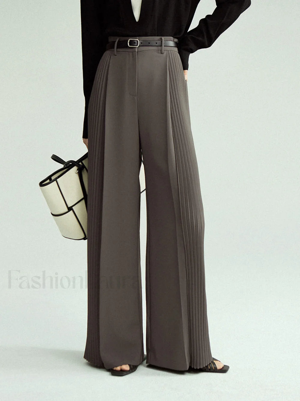 Pleated Wide Leg Trendy Pants Without Belt Grey / XS Pants