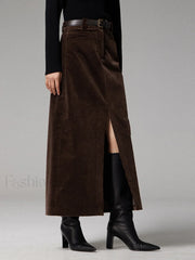 Pockets Corduroy Graceful Slit Maxi Skirt Skirts
